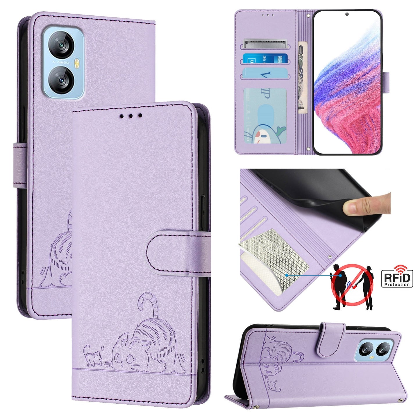 Blackview A52 Cat & Rat Embossed RFID Leather Case, Lanyard, Wallet, Card Slots, Kickstand, Anti-Fall, Scratch-Resistant