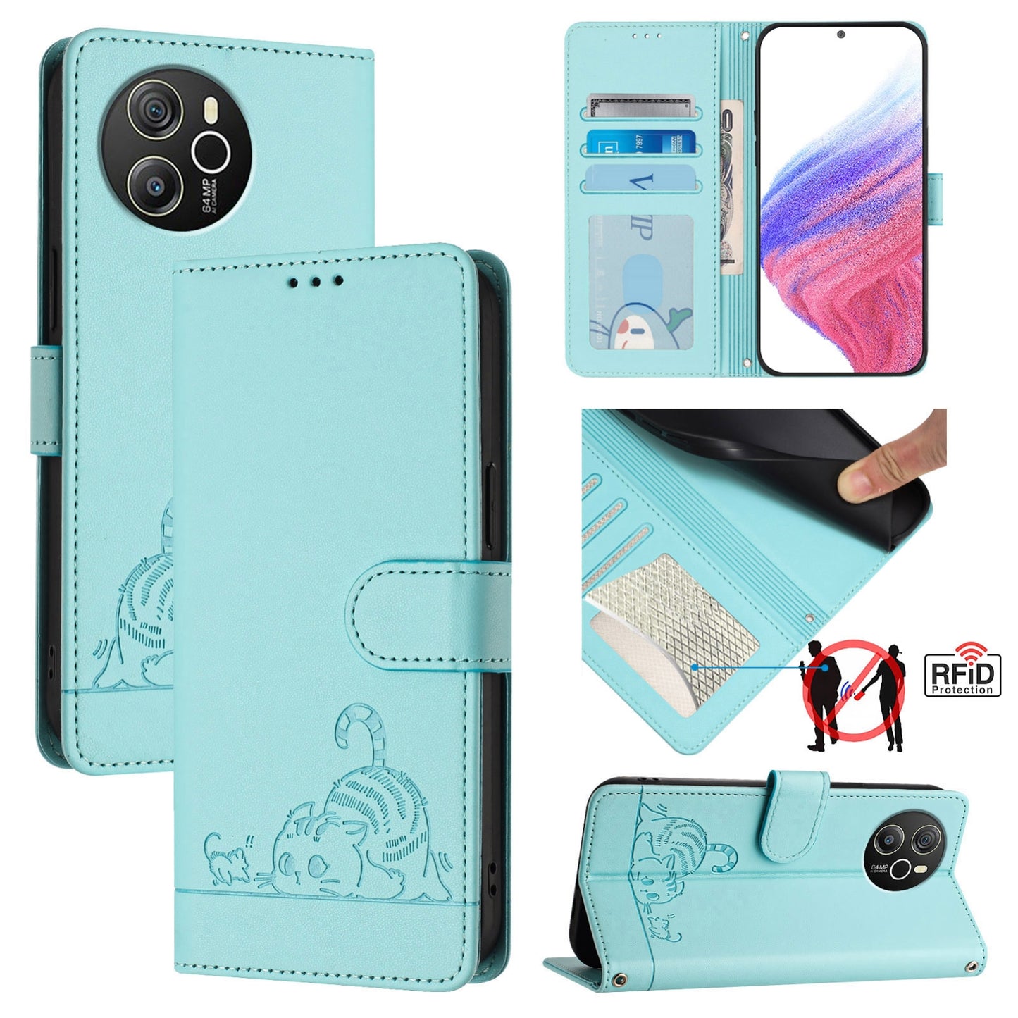 Blackview Shark 8 Cat & Rat Embossed RFID Leather Case, Lanyard, Wallet, Card Slots, Kickstand, Anti-Fall, Scratch-Resistant