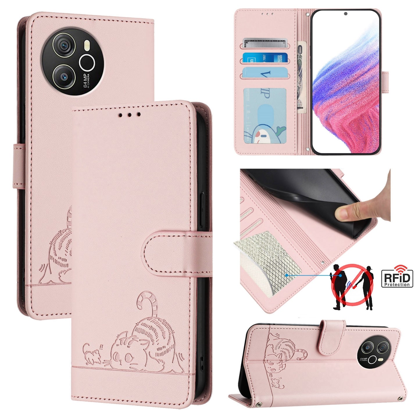 Blackview Shark 8 Cat & Rat Embossed RFID Leather Case, Lanyard, Wallet, Card Slots, Kickstand, Anti-Fall, Scratch-Resistant