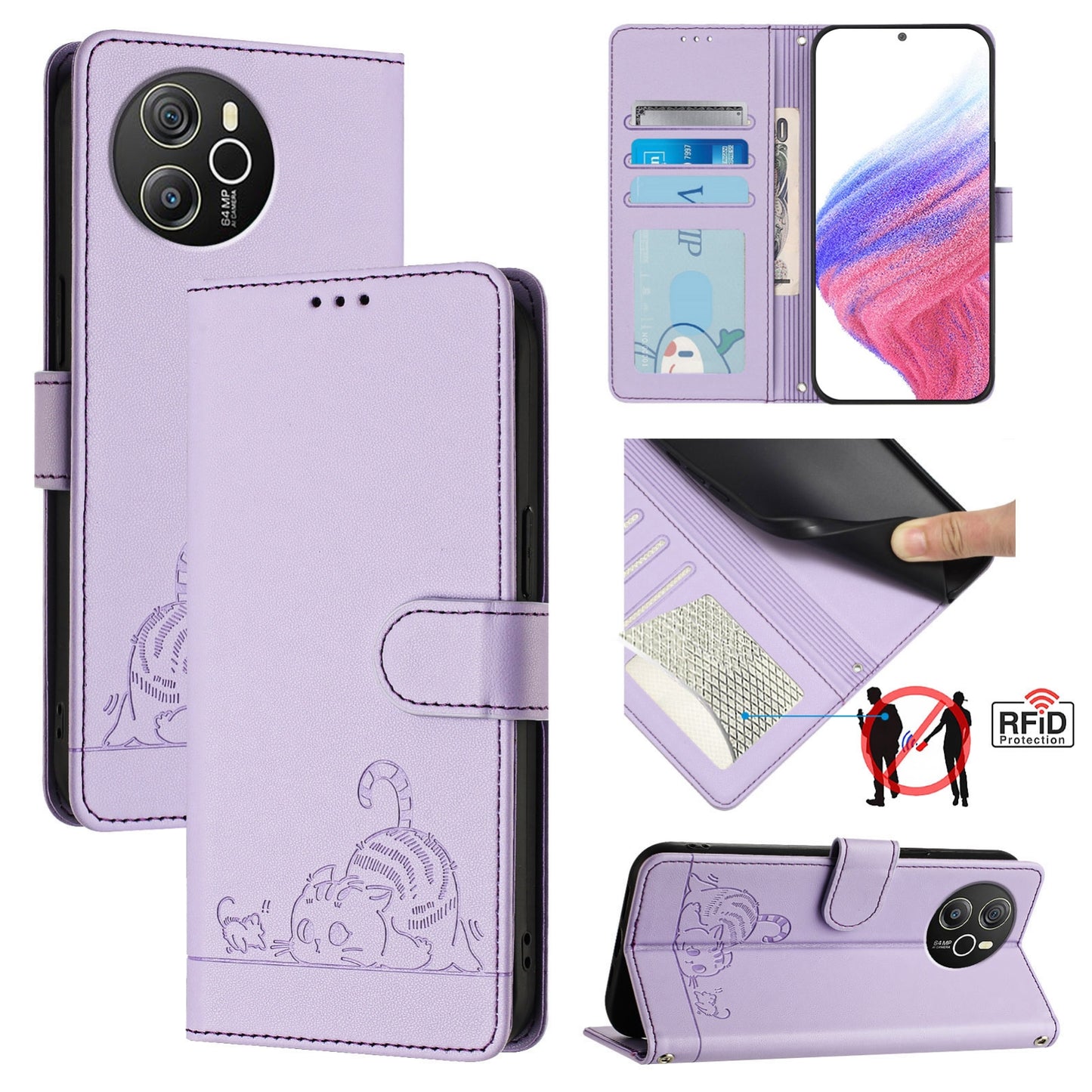 Blackview Shark 8 Cat & Rat Embossed RFID Leather Case, Lanyard, Wallet, Card Slots, Kickstand, Anti-Fall, Scratch-Resistant