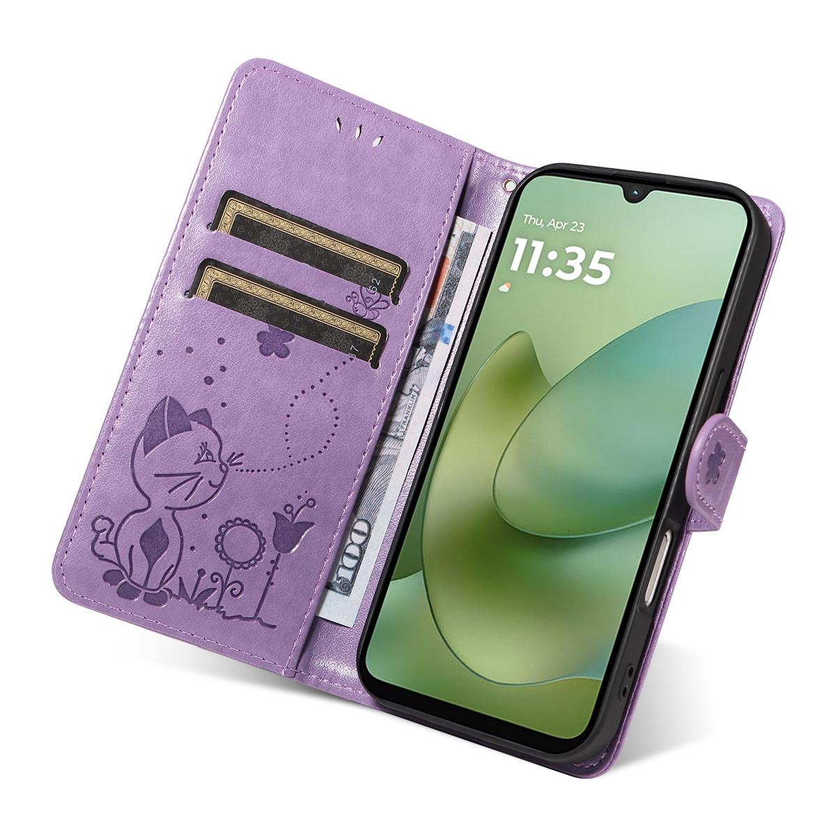 For Motorola Moto G06 4G Cat and Bee Embossed Flip Leather Phone Case Wallet Cover with Card Slots Cash Pocket Magnetic Stand Protective Shockproof TPU PU Leather Case with Wrist Strap
