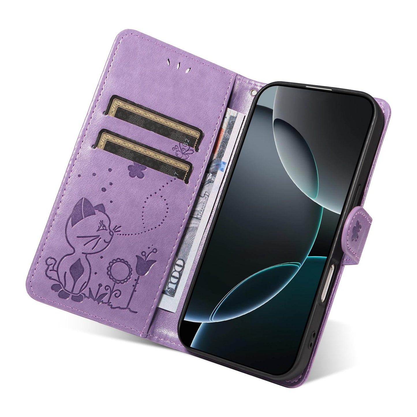 For Motorola Edge 70 Fusion 5G Cat and Bee Embossed Flip Leather Phone Case Wallet Cover with Card Slots Cash Pocket Magnetic Stand Protective Shockproof TPU PU Leather Case with Wrist Strap
