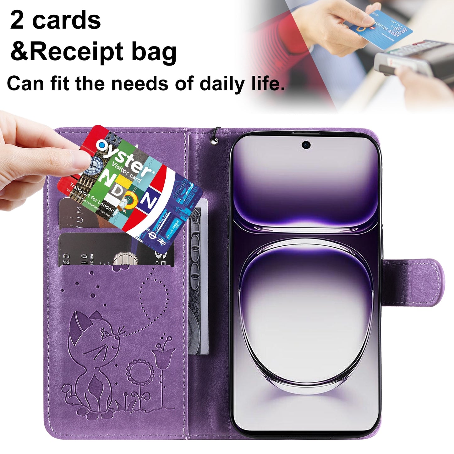 For OPPO Reno12 5G Cat and Bee Embossed Flip Leather Phone Case Wallet Cover with Card Slots Cash Pocket Magnetic Stand Protective Shockproof TPU PU Leather Case with Wrist Strap