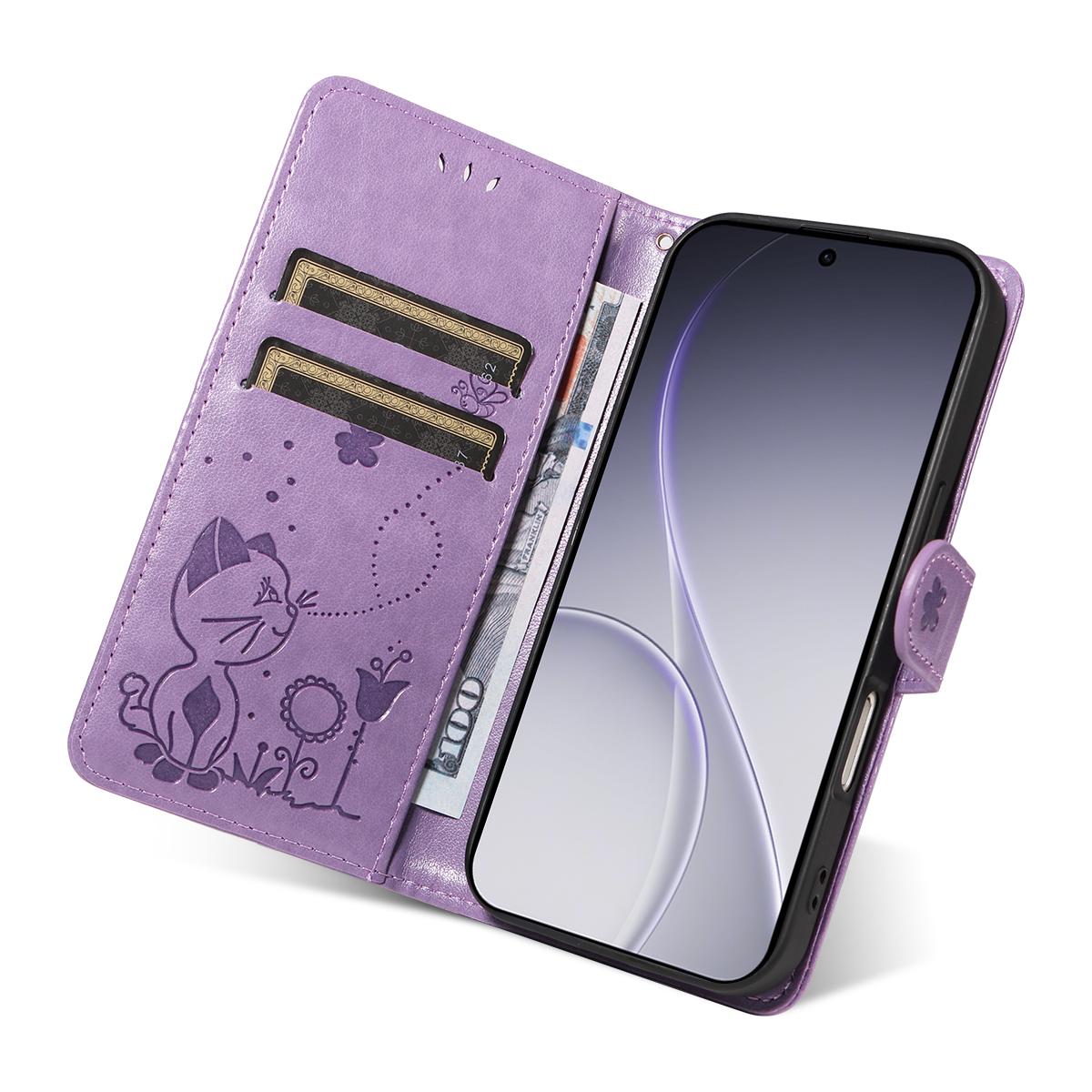 For OPPO Reno15 Pro 5G Cat and Bee Embossed Flip Leather Phone Case Wallet Cover with Card Slots Cash Pocket Magnetic Stand Protective Shockproof TPU PU Leather Case with Wrist Strap