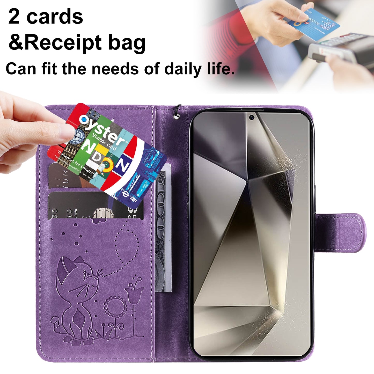 For Samsung Galaxy S25 Ultra 5G Cat and Bee Embossed Flip Leather Phone Case Wallet Cover with Card Slots Cash Pocket Magnetic Stand Protective Shockproof TPU PU Leather Case with Wrist Strap