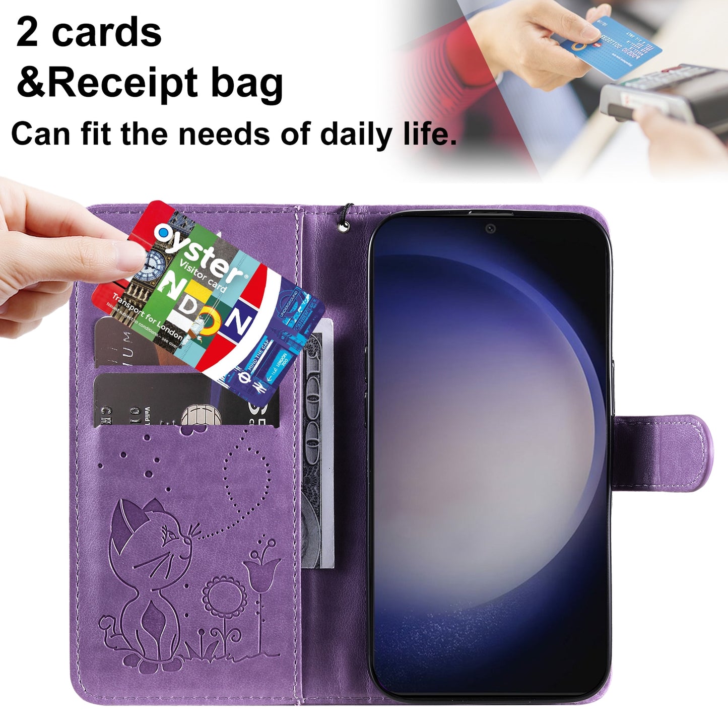 For Samsung Galaxy S24 5G Cat and Bee Embossed Flip Leather Phone Case Wallet Cover with Card Slots Cash Pocket Magnetic Stand Protective Shockproof TPU PU Leather Case with Wrist Strap