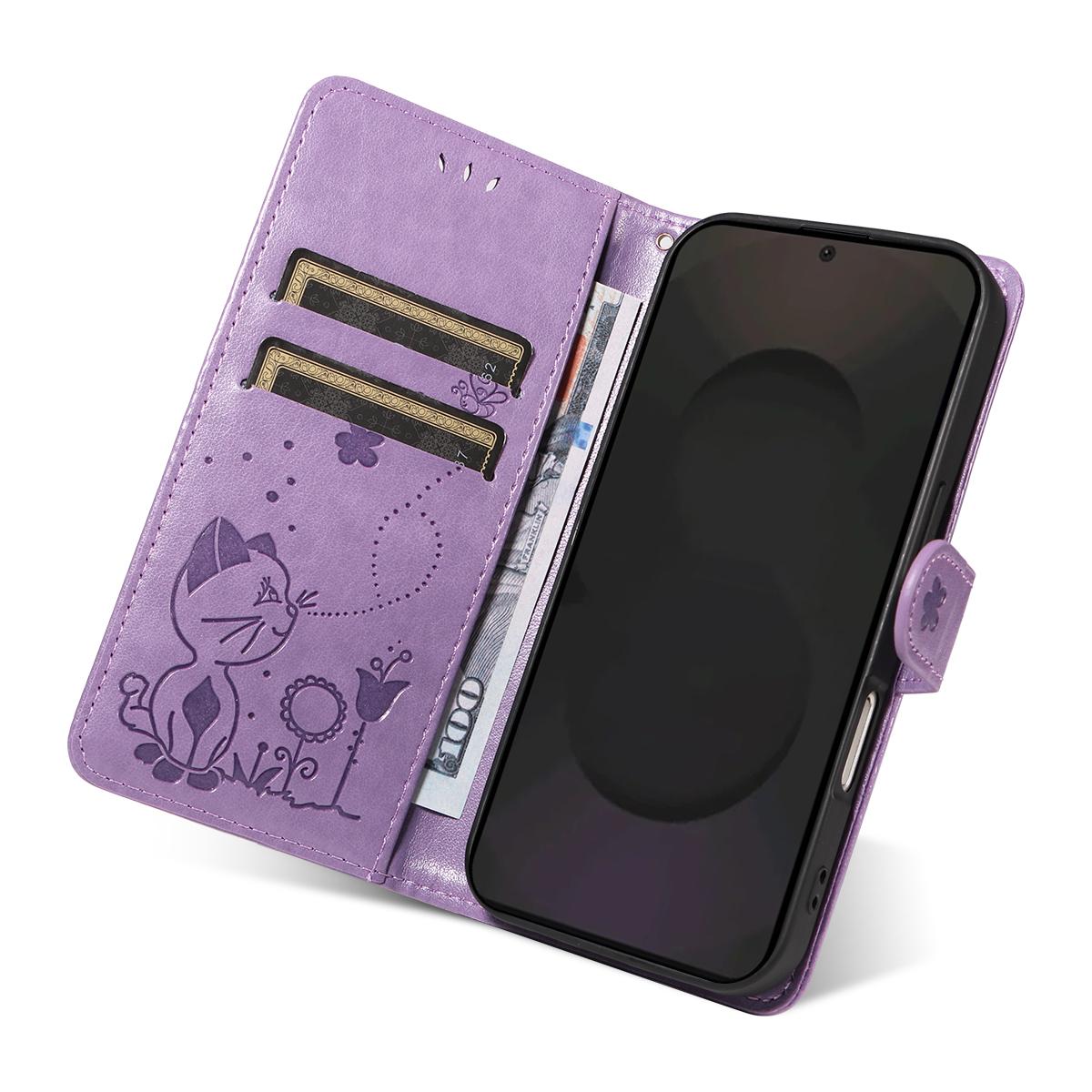 For Samsung Galaxy S25 FE 5G Cat and Bee Embossed Flip Leather Phone Case Wallet Cover with Card Slots Cash Pocket Magnetic Stand Protective Shockproof TPU PU Leather Case with Wrist Strap