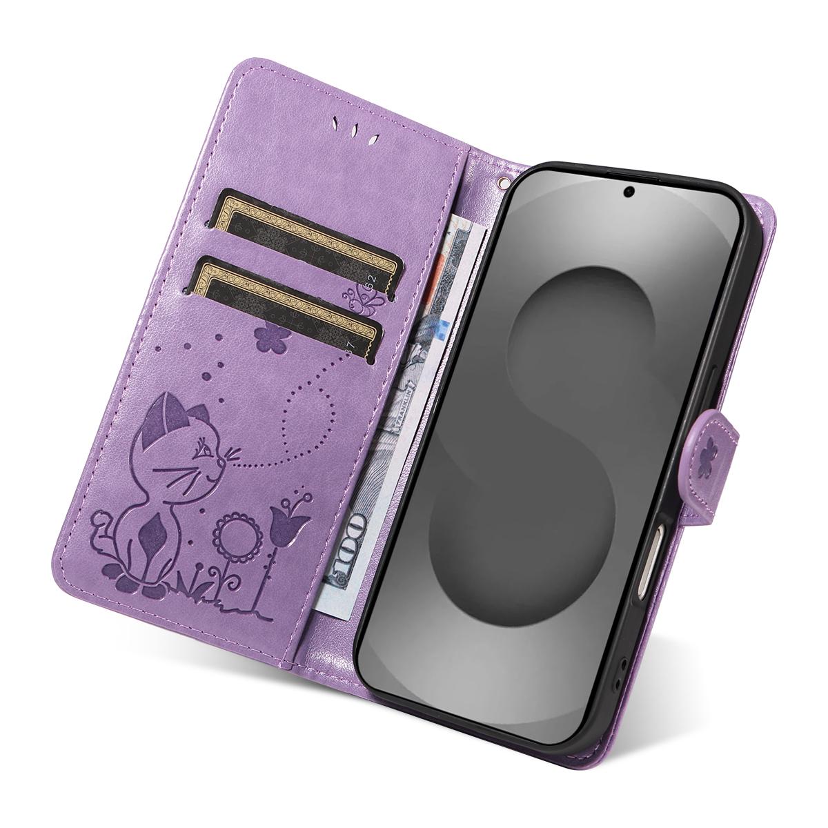 For Samsung Galaxy S26 Ultra 5G Cat and Bee Embossed Flip Leather Phone Case Wallet Cover with Card Slots Cash Pocket Magnetic Stand Protective Shockproof TPU PU Leather Case with Wrist Strap
