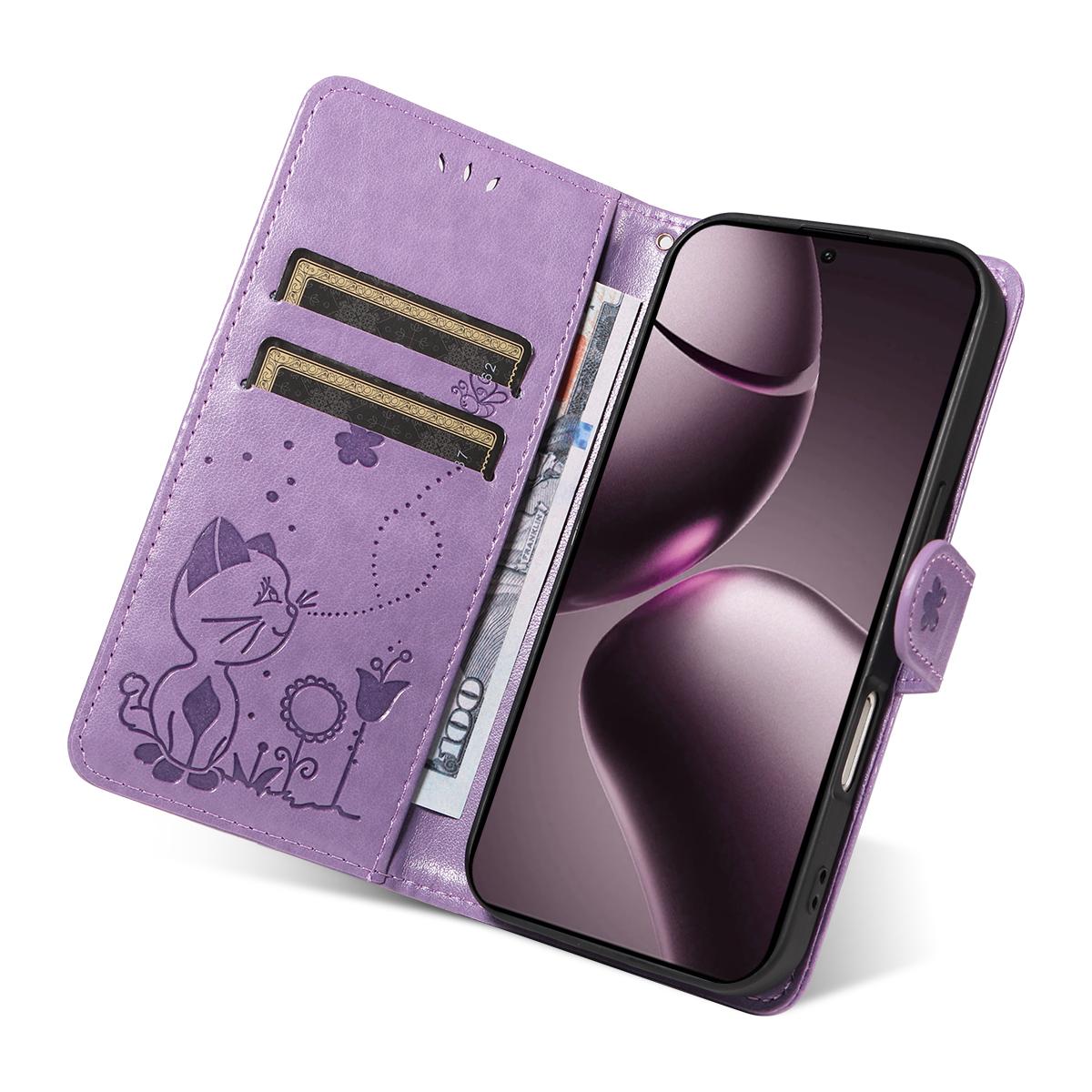 For Xiaomi 15T 5G Cat and Bee Embossed Flip Leather Phone Case Wallet Cover with Card Slots Cash Pocket Magnetic Stand Protective Shockproof TPU PU Leather Case with Wrist Strap