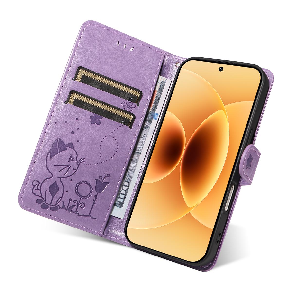For Xiaomi 17 Cat and Bee Embossed Flip Leather Phone Case Wallet Cover with Card Slots Cash Pocket Magnetic Stand Protective Shockproof TPU PU Leather Case with Wrist Strap
