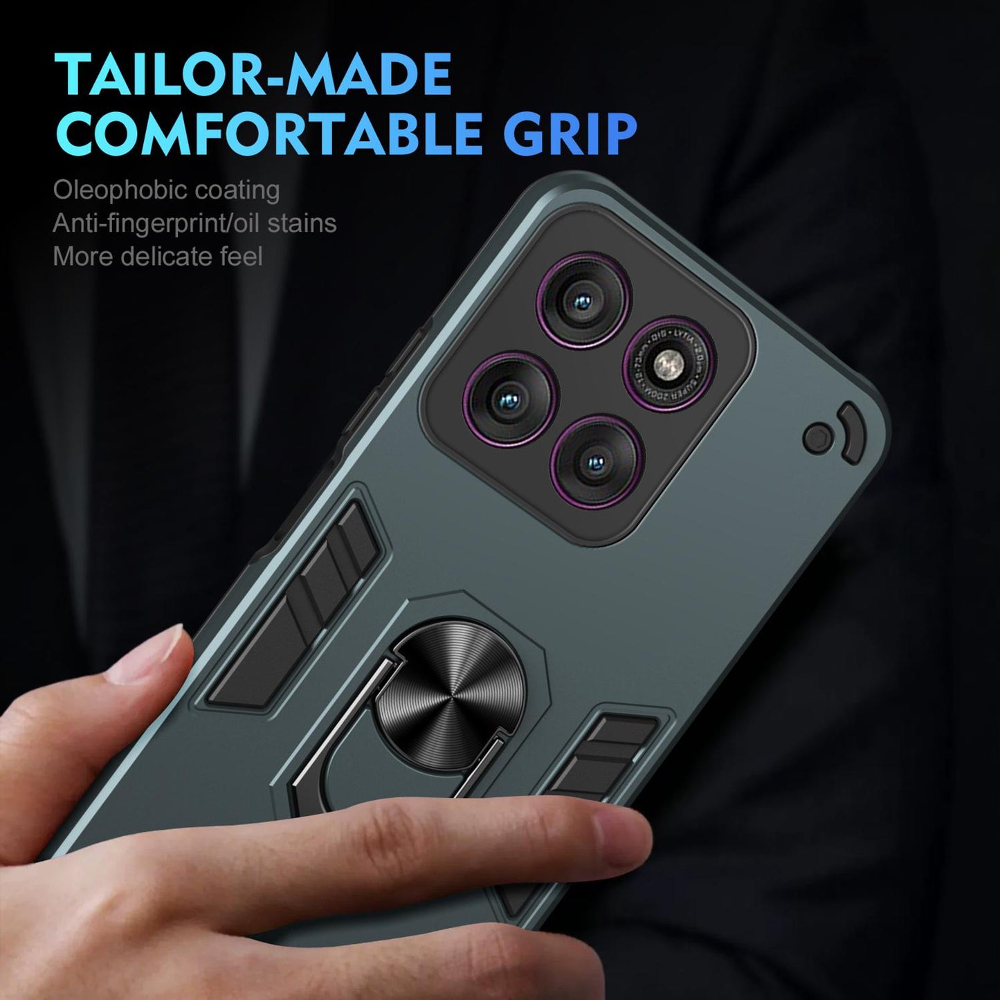 Motorola Edge 60 Pro Shockproof Metal Ring Holder Phone Case with 360 degrees Rotating Kickstand, Ultra Slim Protective Cover, Raised Camera Guard, PC Silicone Armour Shell, Anti-Scratch Back & Edge Protection