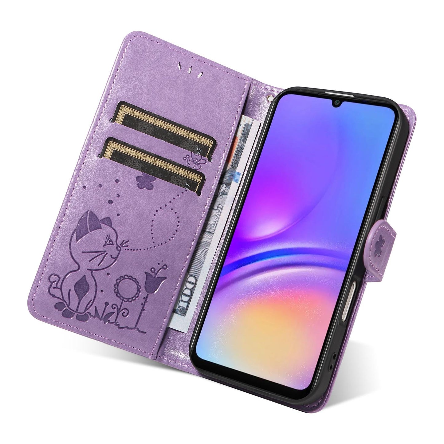 For Samsung Galaxy A07 5G Cat and Bee Embossed Flip Leather Phone Case Wallet Cover with Card Slots Cash Pocket Magnetic Stand Protective Shockproof TPU PU Leather Case with Wrist Strap