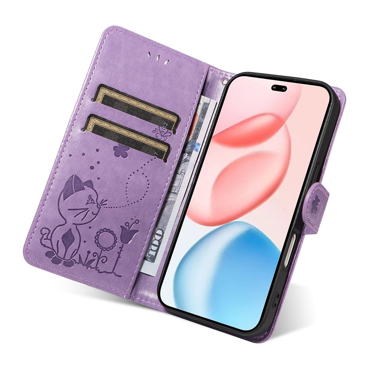 For Honor 400 Pro 160.8mm Cat and Bee Embossed Flip Leather Phone Case Wallet Cover with Card Slots Cash Pocket Magnetic Stand Protective Shockproof TPU PU Leather Case with Wrist Strap