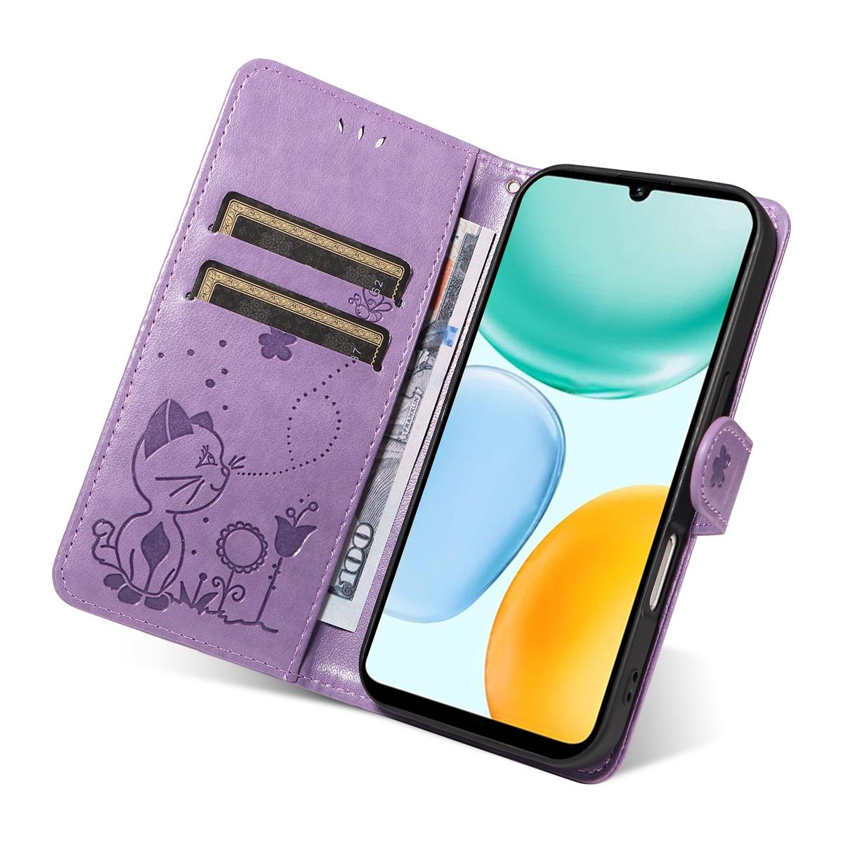 For Honor X5c Plus Cat and Bee Embossed Flip Leather Phone Case Wallet Cover with Card Slots Cash Pocket Magnetic Stand Protective Shockproof TPU PU Leather Case with Wrist Strap