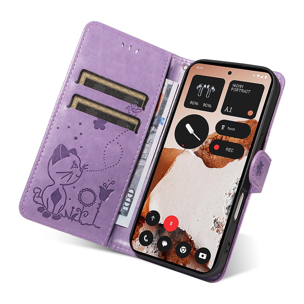 For Nothing CMF Phone 2 Pro Cat and Bee Embossed Flip Leather Phone Case Wallet Cover with Card Slots Cash Pocket Magnetic Stand Protective Shockproof TPU PU Leather Case with Wrist Strap