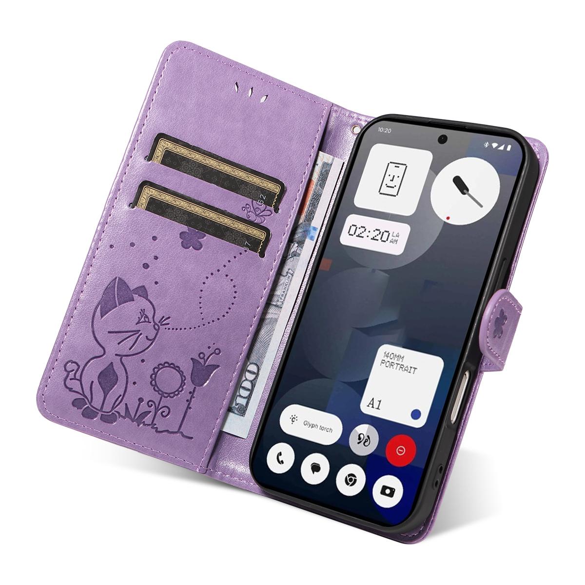 For Nothing Phone 3A Cat and Bee Embossed Flip Leather Phone Case Wallet Cover with Card Slots Cash Pocket Magnetic Stand Protective Shockproof TPU PU Leather Case with Wrist Strap