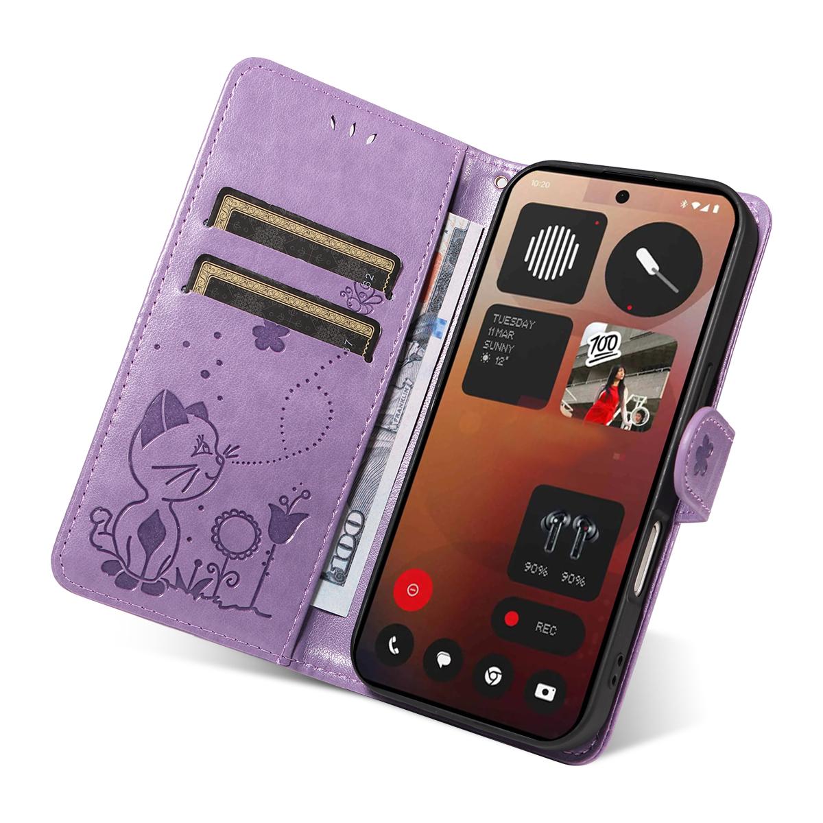 For Nothing Phone 3A Pro Cat and Bee Embossed Flip Leather Phone Case Wallet Cover with Card Slots Cash Pocket Magnetic Stand Protective Shockproof TPU PU Leather Case with Wrist Strap