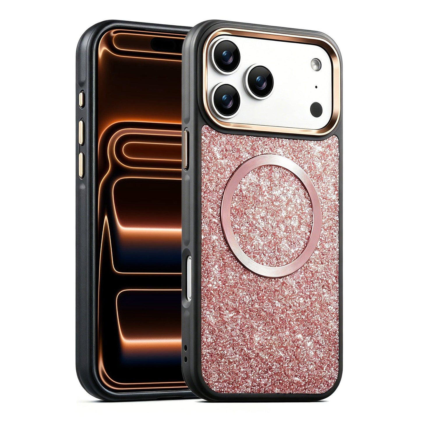Apple iPhone 17 Pro Max Glitter Airbag Shockproof Magnetic Phone Case with Luxury Sparkly Finish, Metal Camera Lens Protection, PU & TPU Dual Layer Cover, Magnetic Wireless Charging Compatible, Anti-Drop Protective Bumper