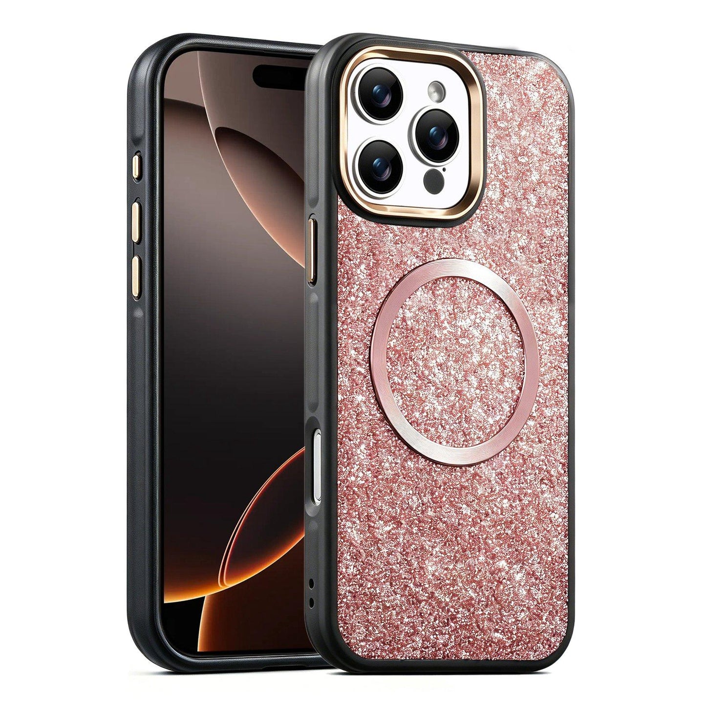 Apple iPhone 16 Pro Glitter Airbag Shockproof Magnetic Phone Case with Luxury Sparkly Finish, Metal Camera Lens Protection, PU & TPU Dual Layer Cover, Magnetic Wireless Charging Compatible, Anti-Drop Protective Bumper