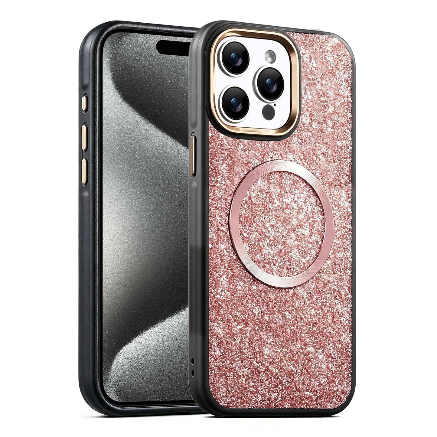 Apple iPhone 15 Pro Glitter Airbag Shockproof Magnetic Phone Case with Luxury Sparkly Finish, Metal Camera Lens Protection, PU & TPU Dual Layer Cover, Magnetic Wireless Charging Compatible, Anti-Drop Protective Bumper