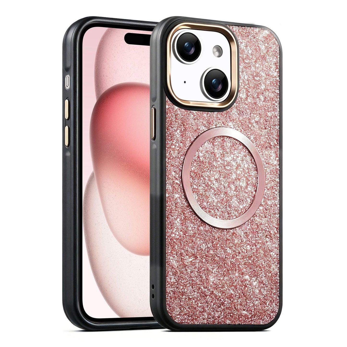 Apple iPhone 15 Glitter Airbag Shockproof Magnetic Phone Case with Luxury Sparkly Finish, Metal Camera Lens Protection, PU & TPU Dual Layer Cover, Magnetic Wireless Charging Compatible, Anti-Drop Protective Bumper