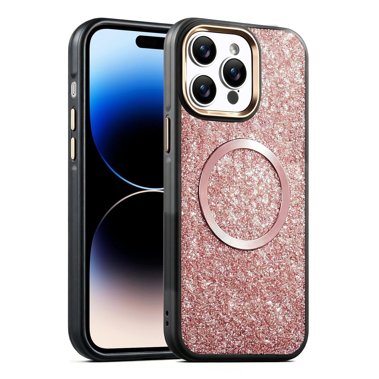 Apple iPhone 14 Pro Glitter Airbag Shockproof Magnetic Phone Case with Luxury Sparkly Finish, Metal Camera Lens Protection, PU & TPU Dual Layer Cover, Magnetic Wireless Charging Compatible, Anti-Drop Protective Bumper