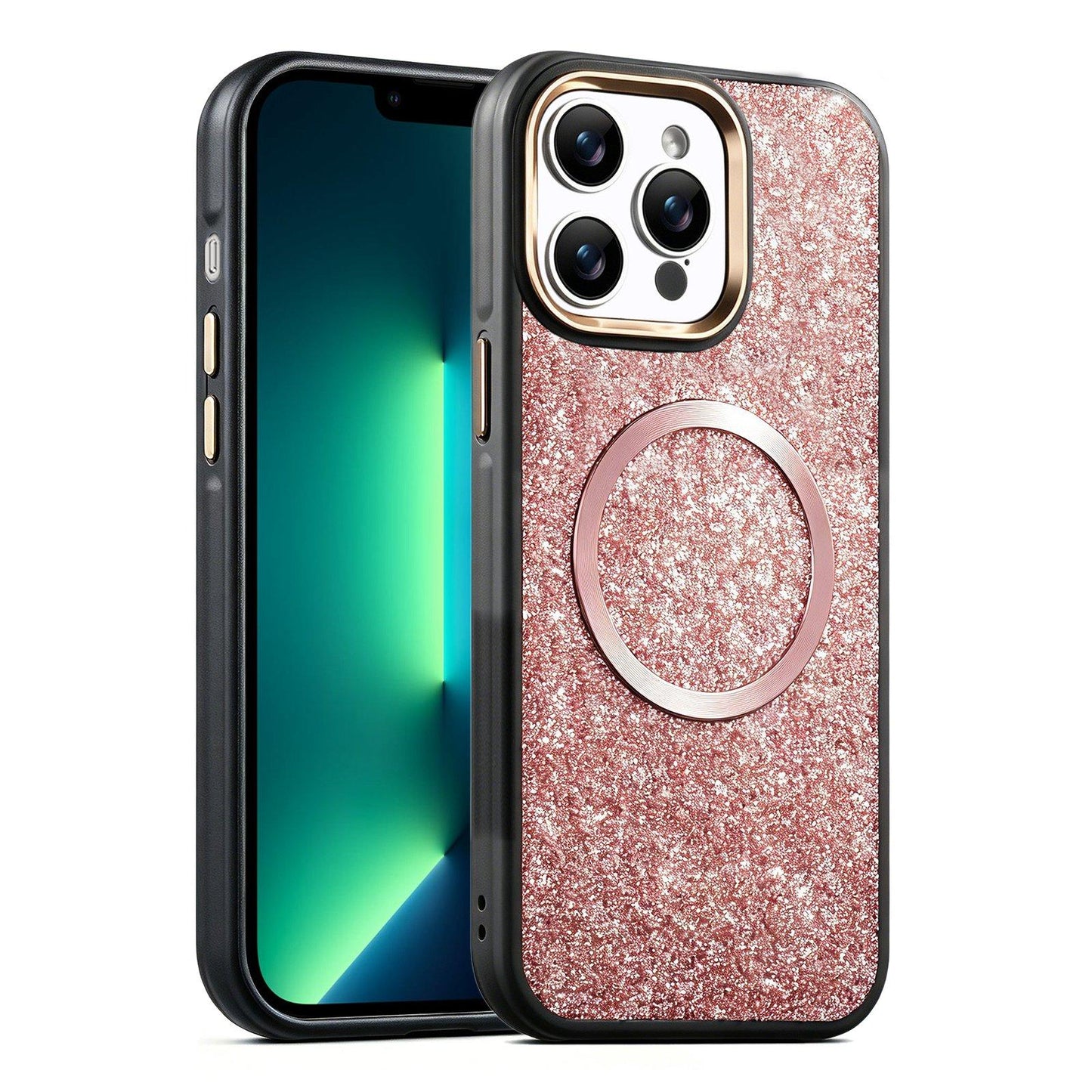 Apple iPhone 13 Pro Max Glitter Airbag Shockproof Magnetic Phone Case with Luxury Sparkly Finish, Metal Camera Lens Protection, PU & TPU Dual Layer Cover, Magnetic Wireless Charging Compatible, Anti-Drop Protective Bumper