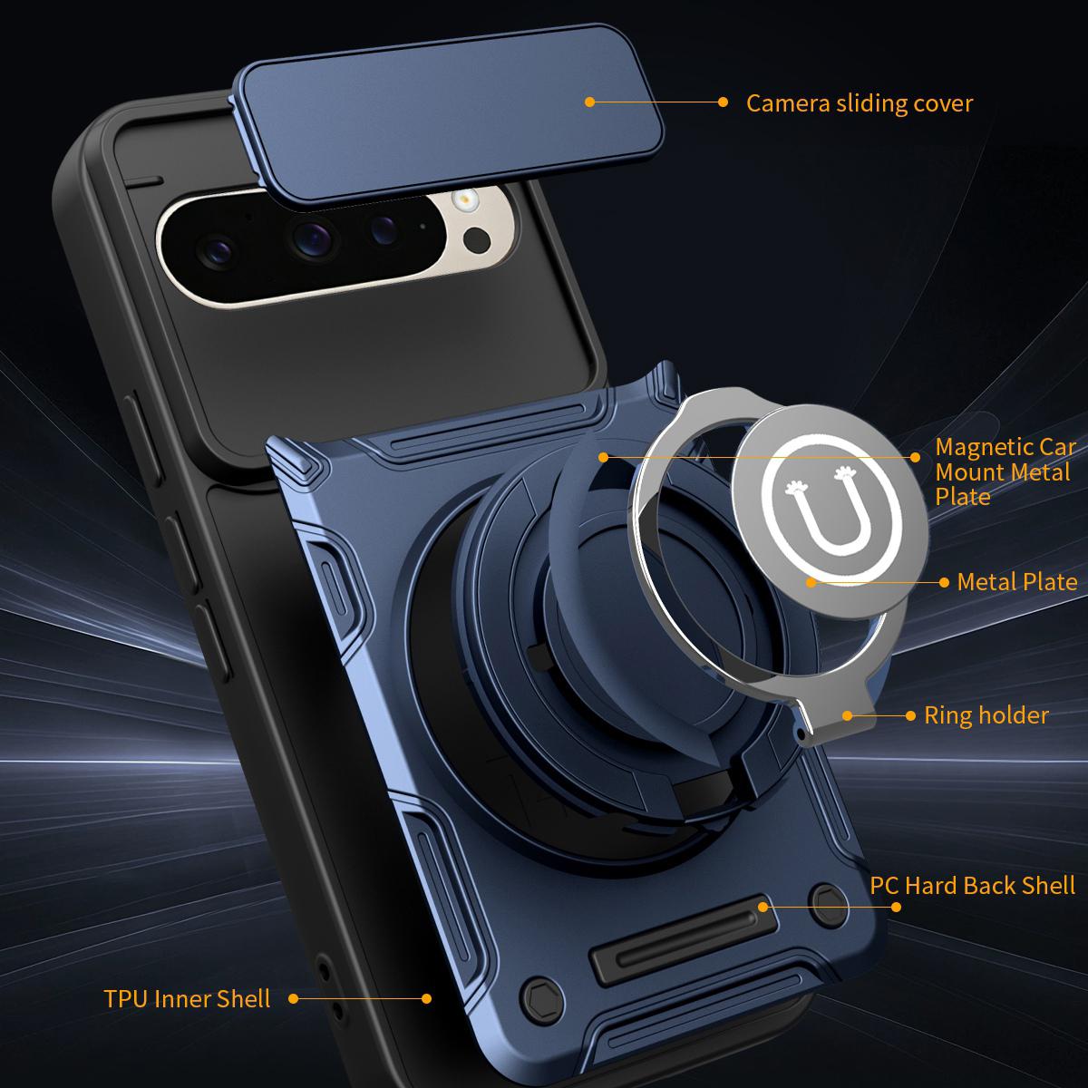 Google Pixel 9 Pro Magnetic Sliding Camshield Holder Phone Case with Lens Protection Cover, Built-in Kickstand, Shockproof PC TPU Back Cover, Car Mount Compatible Protective Case