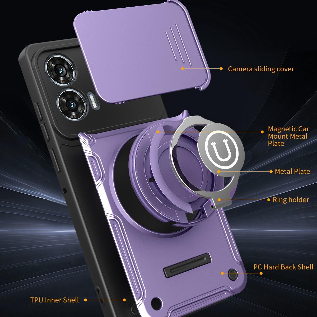 Motorola Moto G35 Magnetic Sliding Camshield Holder Phone Case with Lens Protection Cover, Built-in Kickstand, Shockproof PC TPU Back Cover, Car Mount Compatible Protective Case