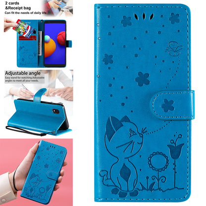 For Samsung Galaxy A01 Core Cat and Bee Embossed Flip Leather Phone Case Wallet Cover with Card Slots Cash Pocket Magnetic Stand Protective Shockproof TPU PU Leather Case with Wrist Strap
