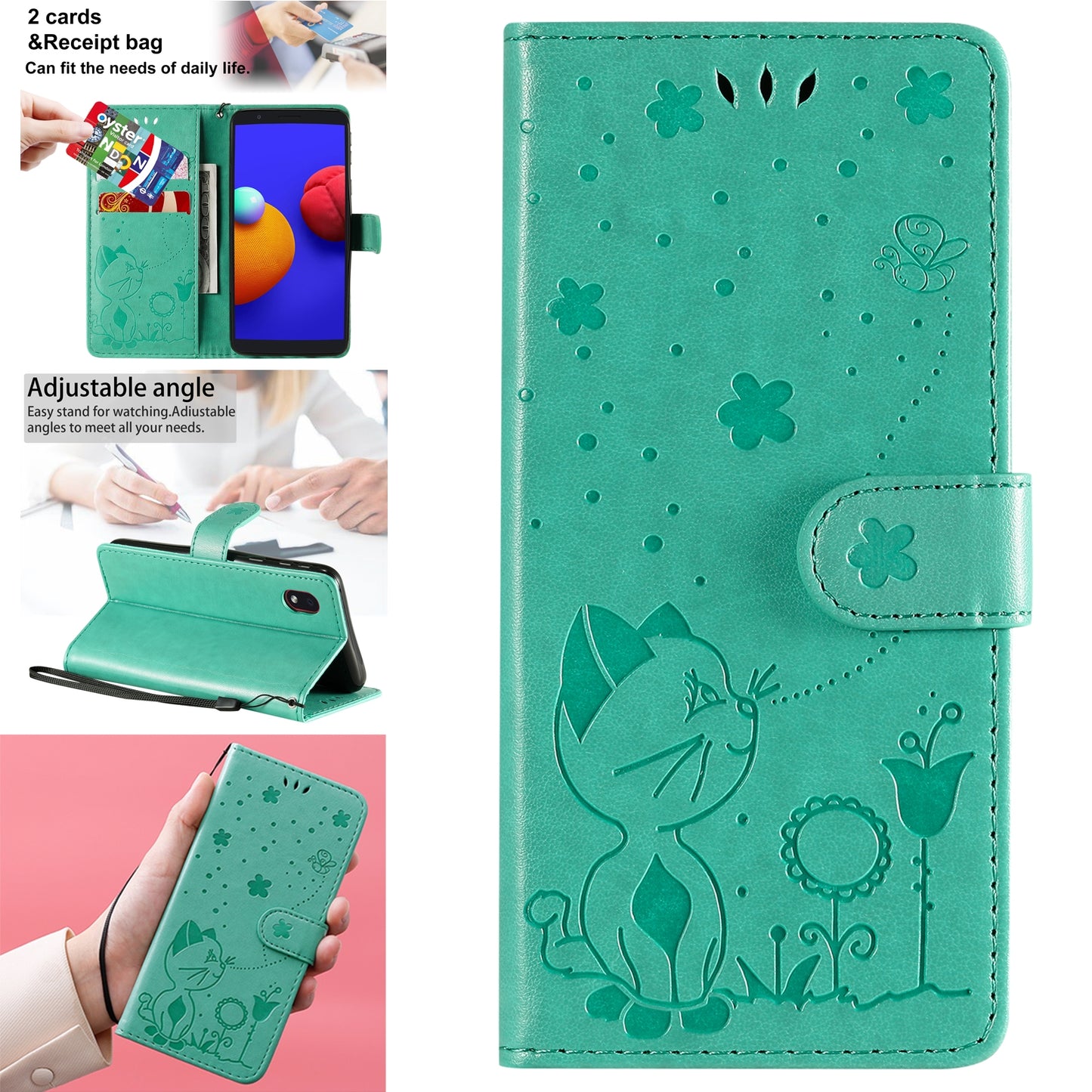 For Samsung Galaxy A01 Core Cat and Bee Embossed Flip Leather Phone Case Wallet Cover with Card Slots Cash Pocket Magnetic Stand Protective Shockproof TPU PU Leather Case with Wrist Strap