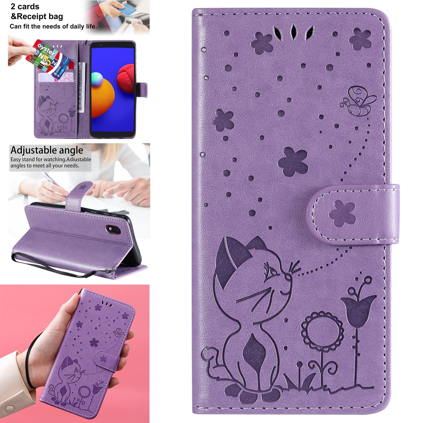 For Samsung Galaxy A01 Core Cat and Bee Embossed Flip Leather Phone Case Wallet Cover with Card Slots Cash Pocket Magnetic Stand Protective Shockproof TPU PU Leather Case with Wrist Strap