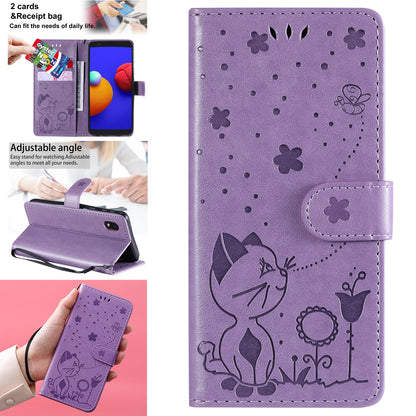 For Samsung Galaxy A01 Core Cat and Bee Embossed Flip Leather Phone Case Wallet Cover with Card Slots Cash Pocket Magnetic Stand Protective Shockproof TPU PU Leather Case with Wrist Strap