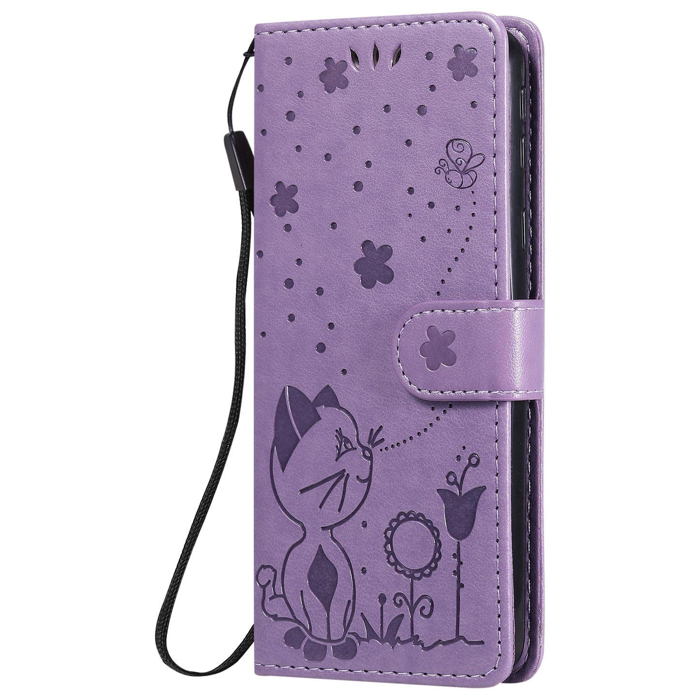 For Samsung Galaxy A01 Core Cat and Bee Embossed Flip Leather Phone Case Wallet Cover with Card Slots Cash Pocket Magnetic Stand Protective Shockproof TPU PU Leather Case with Wrist Strap