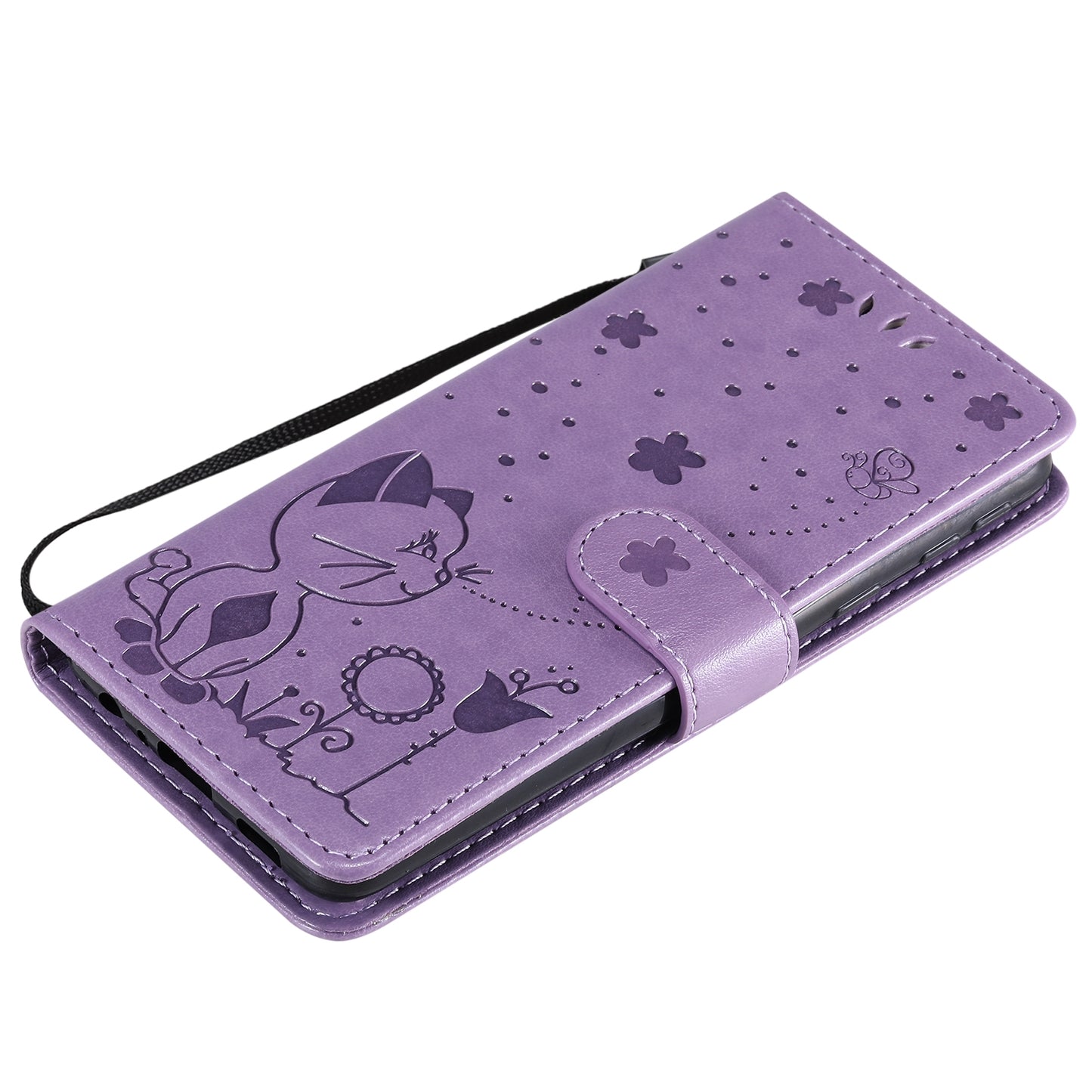 For Samsung Galaxy A01 Core Cat and Bee Embossed Flip Leather Phone Case Wallet Cover with Card Slots Cash Pocket Magnetic Stand Protective Shockproof TPU PU Leather Case with Wrist Strap