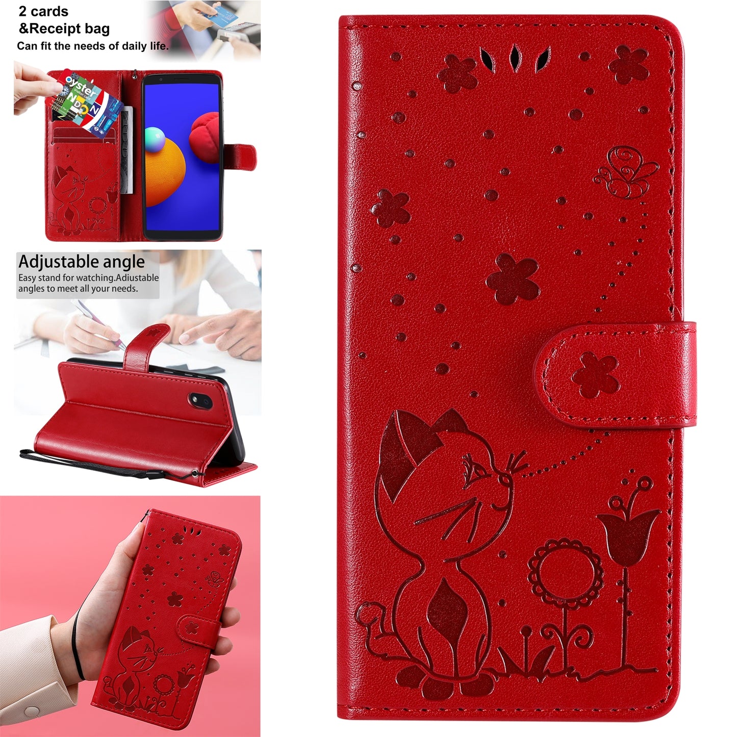 For Samsung Galaxy A01 Core Cat and Bee Embossed Flip Leather Phone Case Wallet Cover with Card Slots Cash Pocket Magnetic Stand Protective Shockproof TPU PU Leather Case with Wrist Strap