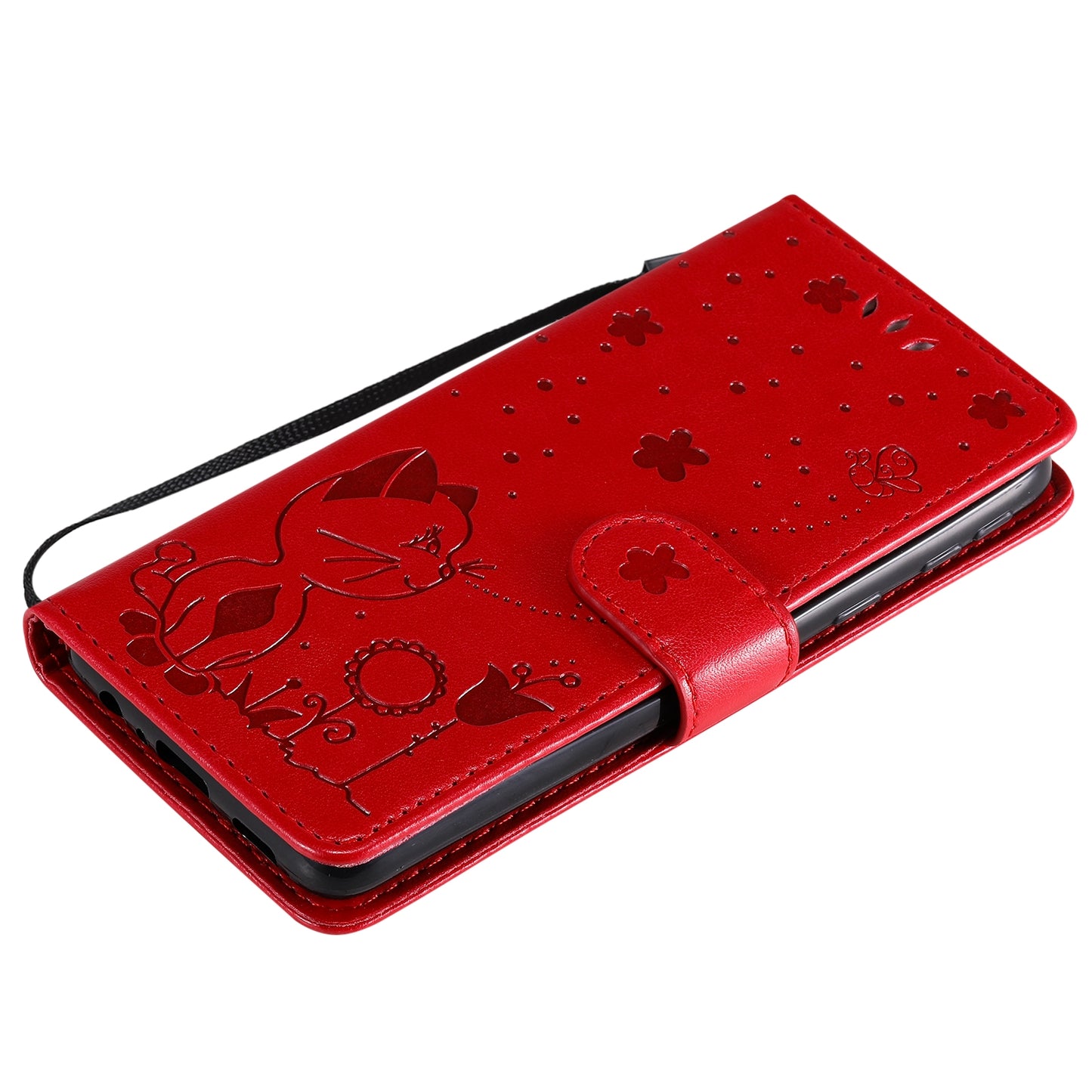For Samsung Galaxy A01 Core Cat and Bee Embossed Flip Leather Phone Case Wallet Cover with Card Slots Cash Pocket Magnetic Stand Protective Shockproof TPU PU Leather Case with Wrist Strap