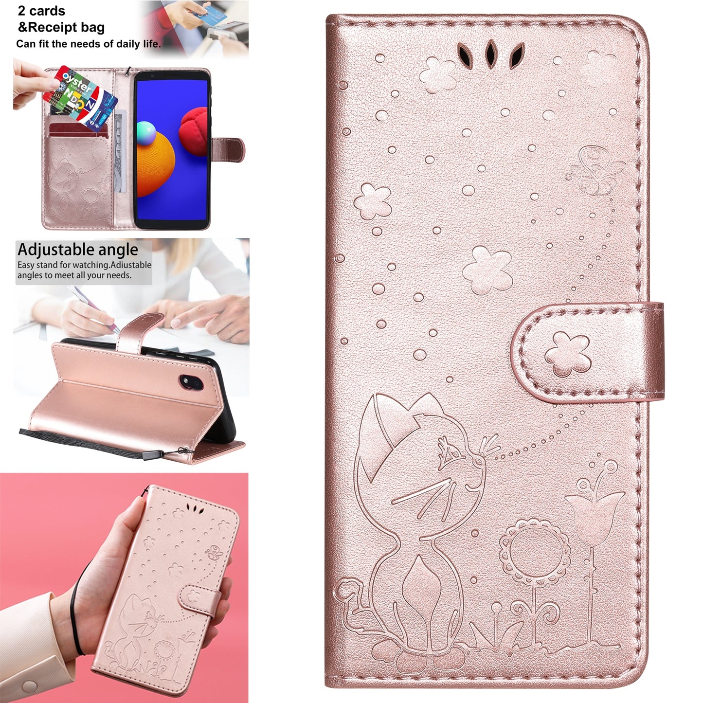 For Samsung Galaxy A01 Core Cat and Bee Embossed Flip Leather Phone Case Wallet Cover with Card Slots Cash Pocket Magnetic Stand Protective Shockproof TPU PU Leather Case with Wrist Strap