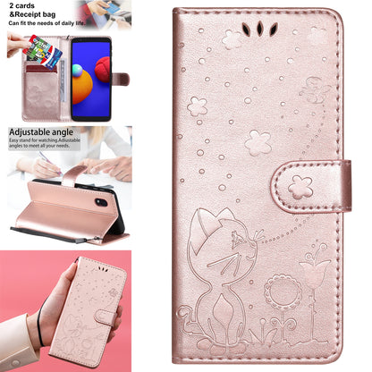 For Samsung Galaxy A01 Core Cat and Bee Embossed Flip Leather Phone Case Wallet Cover with Card Slots Cash Pocket Magnetic Stand Protective Shockproof TPU PU Leather Case with Wrist Strap