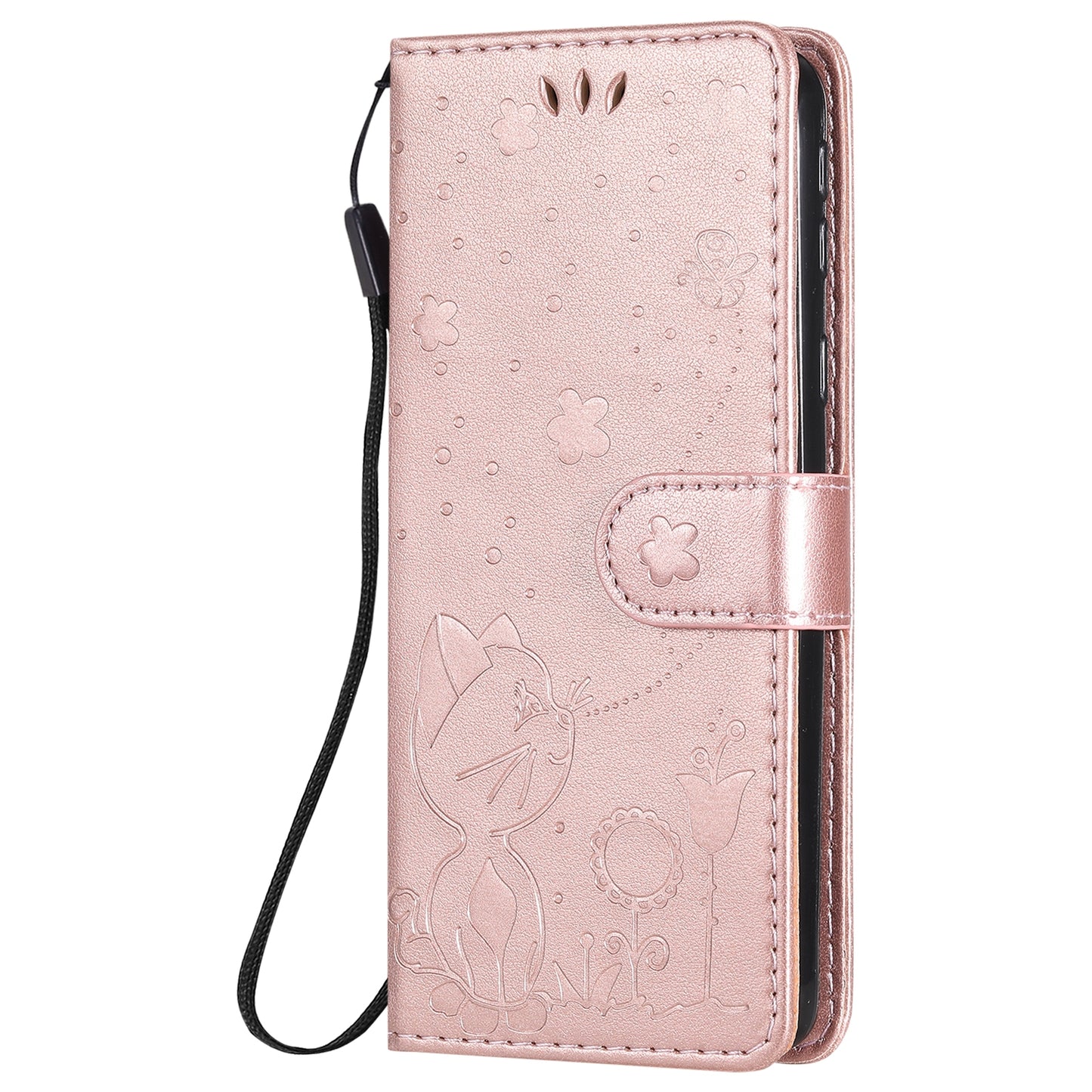 For Samsung Galaxy A01 Core Cat and Bee Embossed Flip Leather Phone Case Wallet Cover with Card Slots Cash Pocket Magnetic Stand Protective Shockproof TPU PU Leather Case with Wrist Strap