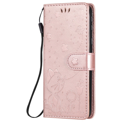 For Samsung Galaxy A01 Core Cat and Bee Embossed Flip Leather Phone Case Wallet Cover with Card Slots Cash Pocket Magnetic Stand Protective Shockproof TPU PU Leather Case with Wrist Strap