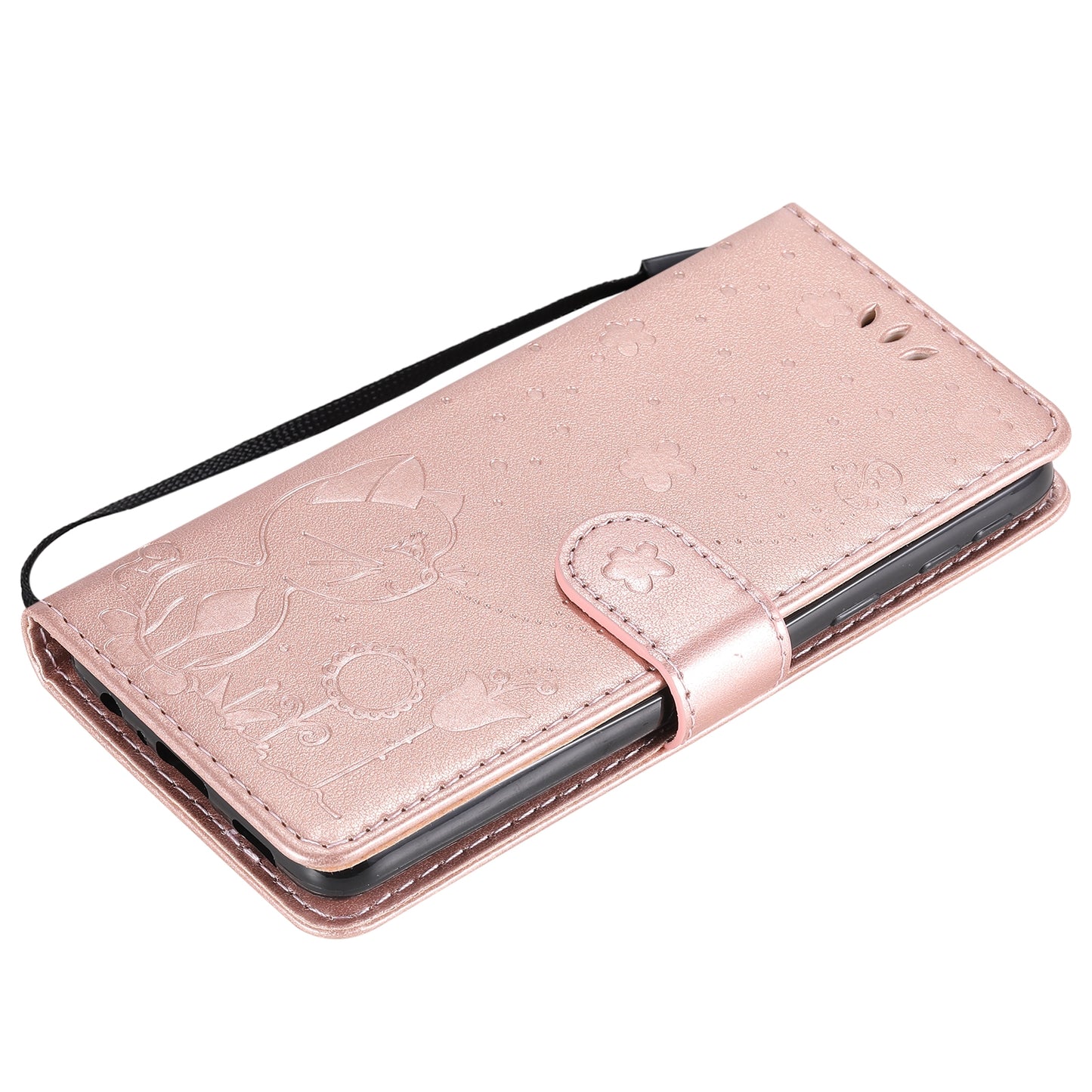 For Samsung Galaxy A01 Core Cat and Bee Embossed Flip Leather Phone Case Wallet Cover with Card Slots Cash Pocket Magnetic Stand Protective Shockproof TPU PU Leather Case with Wrist Strap