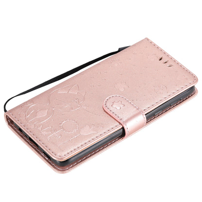 For Samsung Galaxy A01 Core Cat and Bee Embossed Flip Leather Phone Case Wallet Cover with Card Slots Cash Pocket Magnetic Stand Protective Shockproof TPU PU Leather Case with Wrist Strap