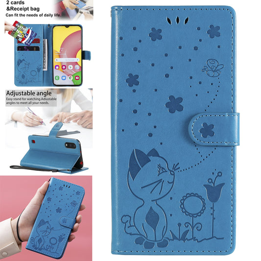 For Samsung Galaxy A01 Cat and Bee Embossed Flip Leather Phone Case Wallet Cover with Card Slots Cash Pocket Magnetic Stand Protective Shockproof TPU PU Leather Case with Wrist Strap