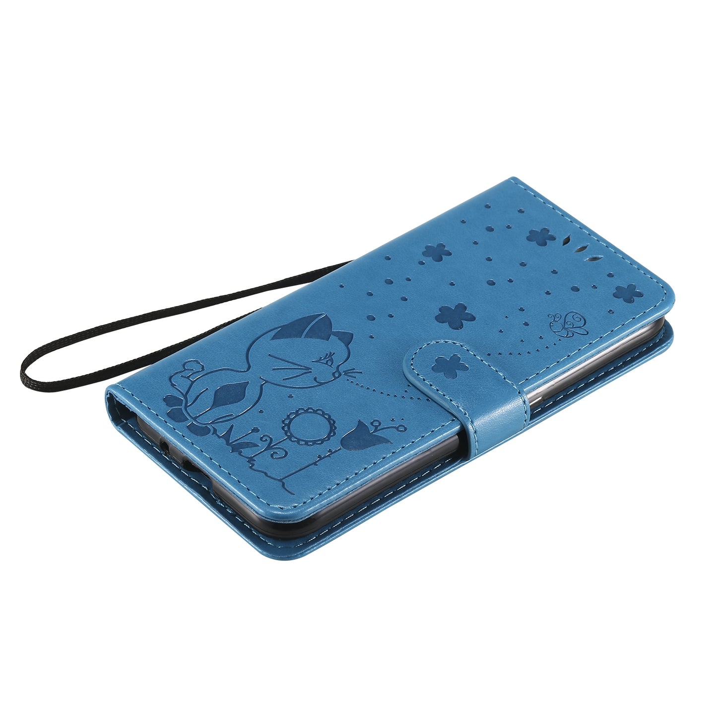 For Samsung Galaxy A01 Cat and Bee Embossed Flip Leather Phone Case Wallet Cover with Card Slots Cash Pocket Magnetic Stand Protective Shockproof TPU PU Leather Case with Wrist Strap