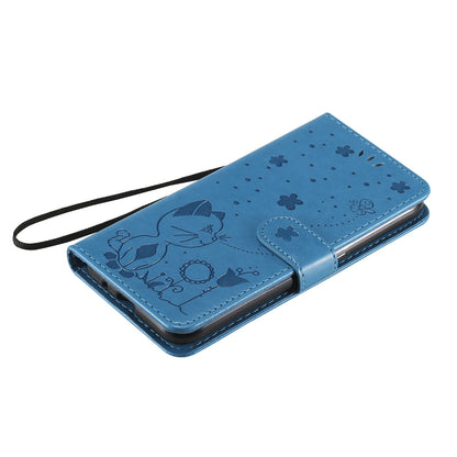 For Samsung Galaxy A01 Cat and Bee Embossed Flip Leather Phone Case Wallet Cover with Card Slots Cash Pocket Magnetic Stand Protective Shockproof TPU PU Leather Case with Wrist Strap