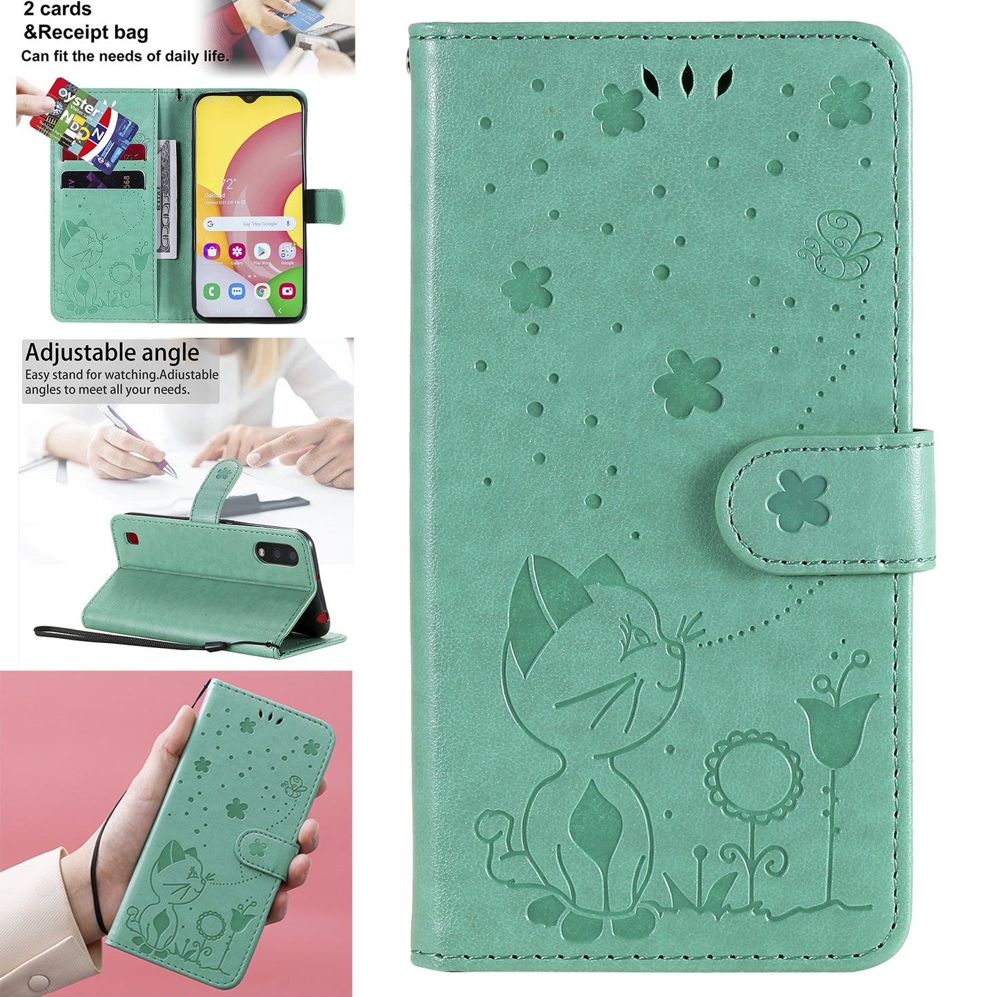 For Samsung Galaxy A01 Cat and Bee Embossed Flip Leather Phone Case Wallet Cover with Card Slots Cash Pocket Magnetic Stand Protective Shockproof TPU PU Leather Case with Wrist Strap