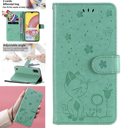 For Samsung Galaxy A01 Cat and Bee Embossed Flip Leather Phone Case Wallet Cover with Card Slots Cash Pocket Magnetic Stand Protective Shockproof TPU PU Leather Case with Wrist Strap