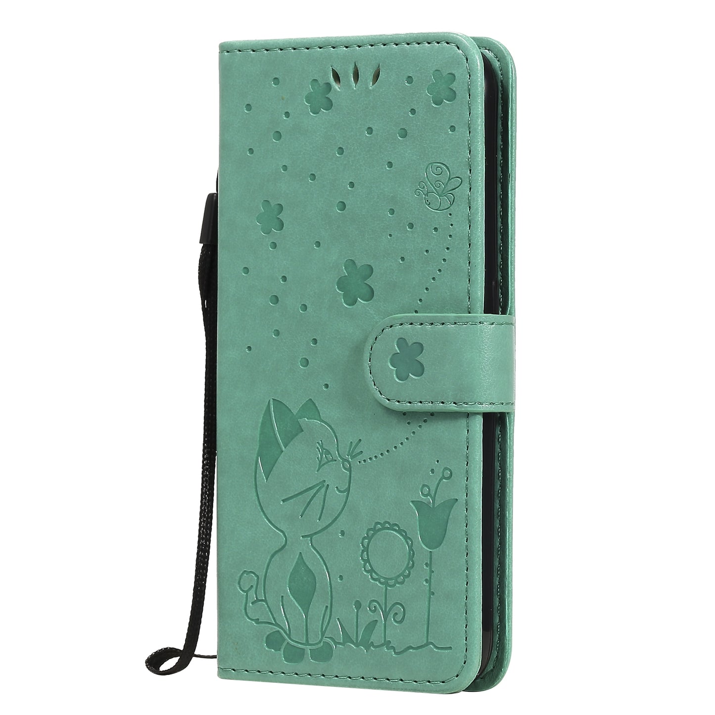 For Samsung Galaxy A01 Cat and Bee Embossed Flip Leather Phone Case Wallet Cover with Card Slots Cash Pocket Magnetic Stand Protective Shockproof TPU PU Leather Case with Wrist Strap