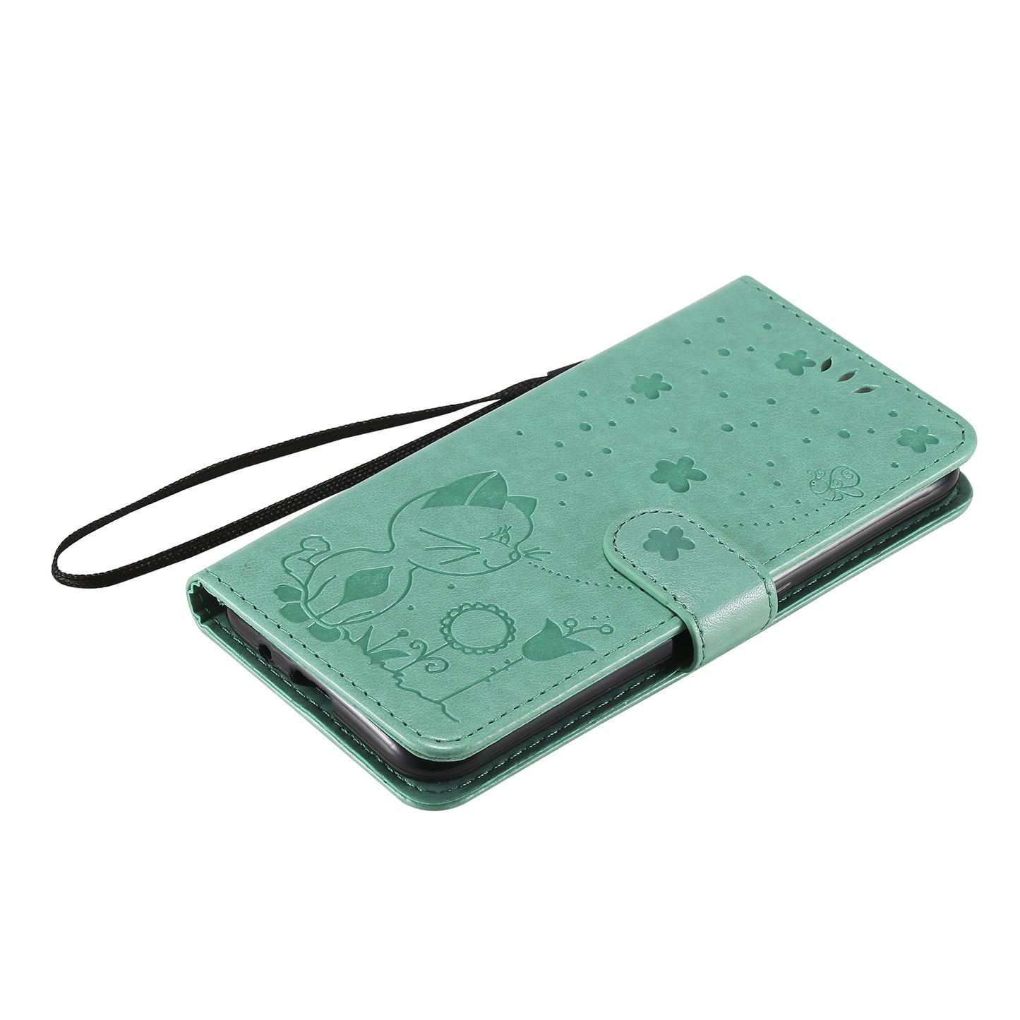 For Samsung Galaxy A01 Cat and Bee Embossed Flip Leather Phone Case Wallet Cover with Card Slots Cash Pocket Magnetic Stand Protective Shockproof TPU PU Leather Case with Wrist Strap